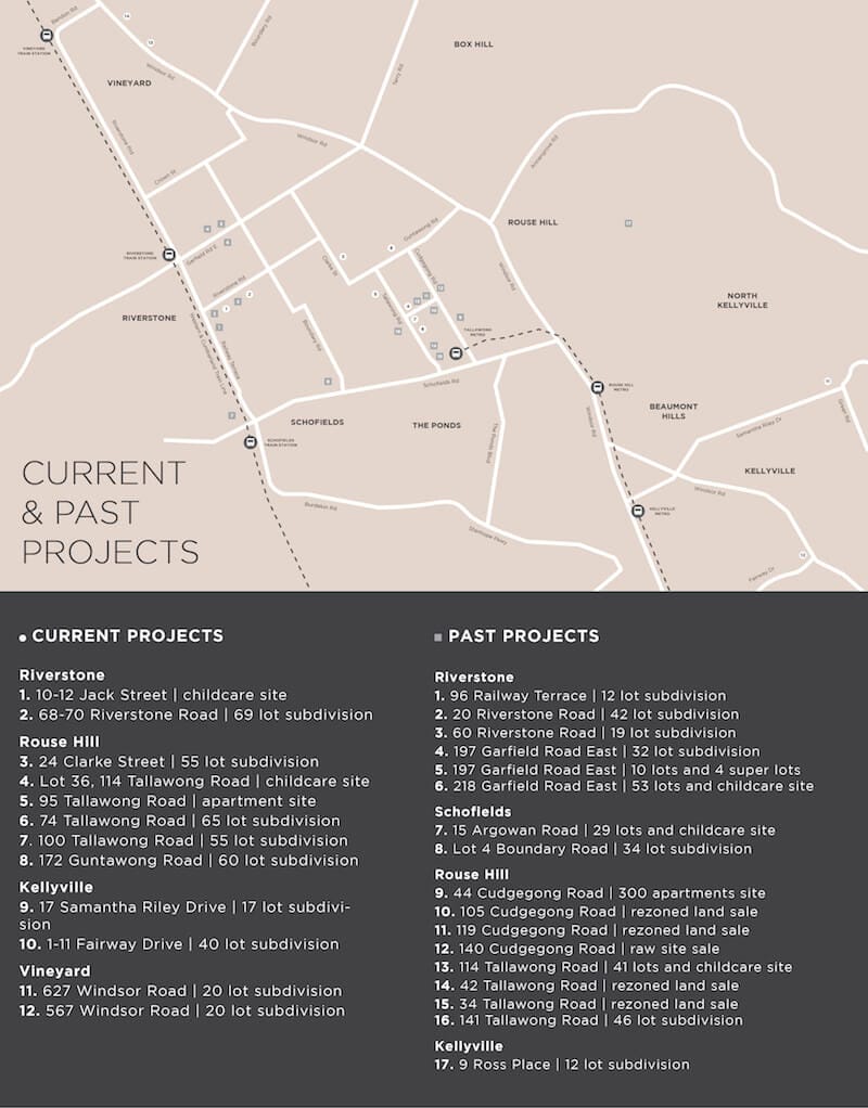 ▲ Castle Group’s current and past projects within the Rouse Hill region.